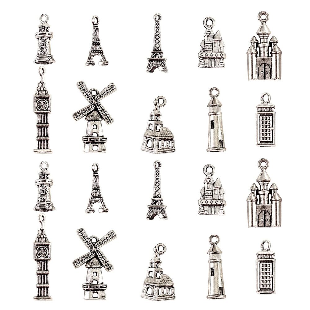 8705 100pcs 10 Styles Tibetan Style Alloy Charms Tibetan Eiffel Tower